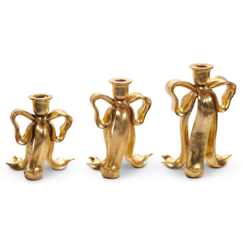 Gold Bow Taper Candlestick Holders, Set of 3 (9", 7.75", 6.5")