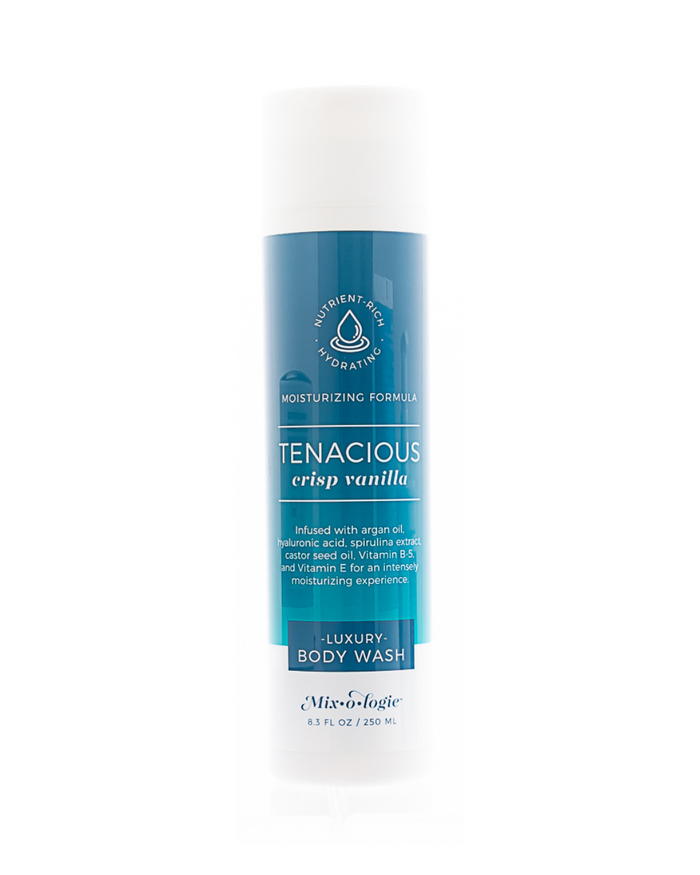 Tenacious Crisp Vanilla Luxury Body Wash bottle with blue and white label, featuring moisturizing and nutrient-rich formula details from Mixologie