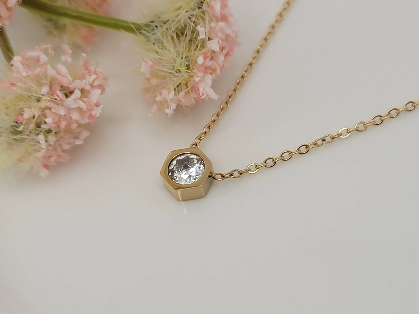 ADORN - Cornerstone Bezel Gold Hexagon Pendant Necklace