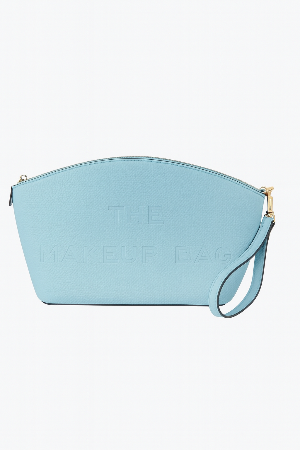 Light Blue makeup bag featuring “THE MAKEUP BAG” embossed on the front