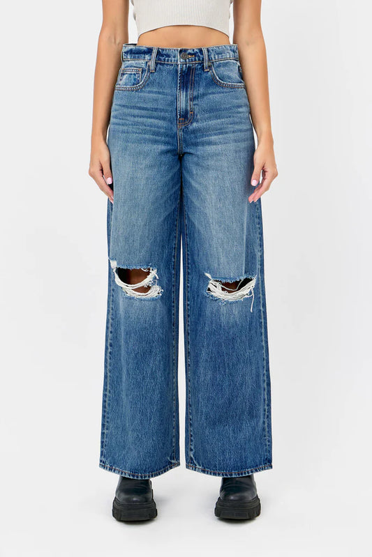 Hidden -NORI - Distressed 33" Inseam Wide Leg Jean - Medium Dark