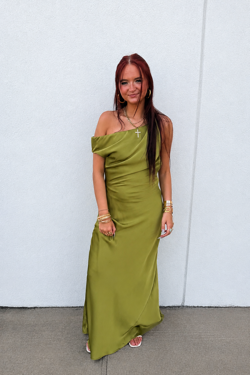 Olive Green Affair One-Shoulder Satin Ruched Maxi Dress – YES DOLL BOUTIQUE