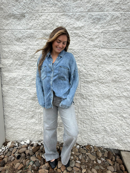 Chambray button down paired with gray stretch wide leg jeans