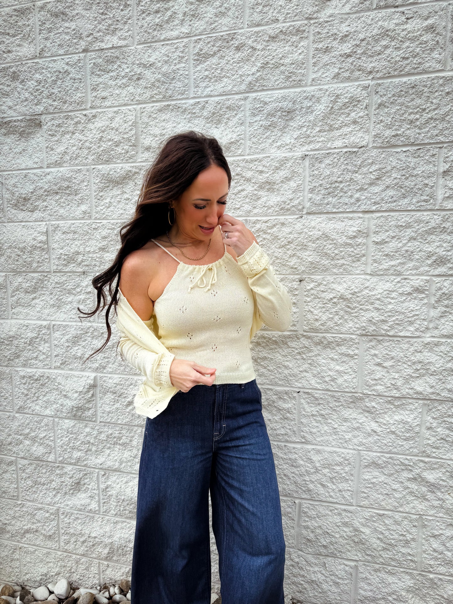 Butter yellow eyelet top and cardigan with fun colored buttons