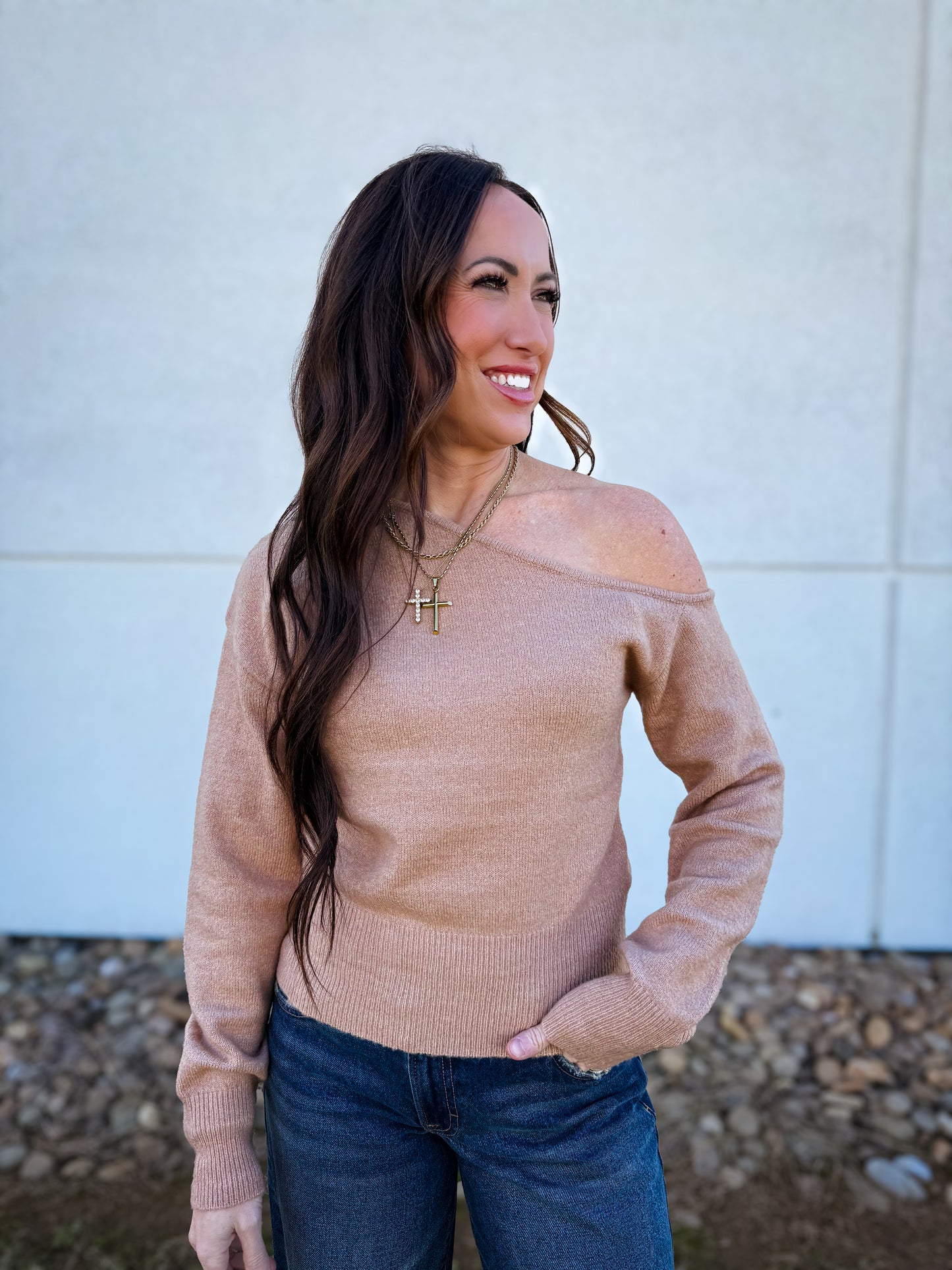 Flirty Asymmetric Off Shoulder Sweater - TAUPE