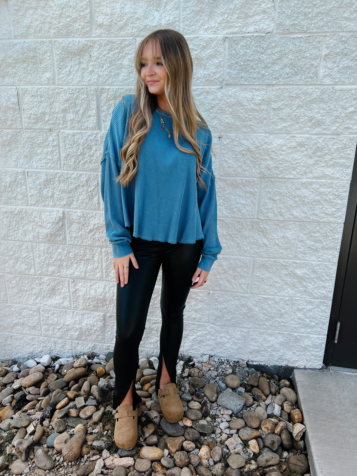 Mic Drop Thermal Waffle Top - DUSTY BLUE