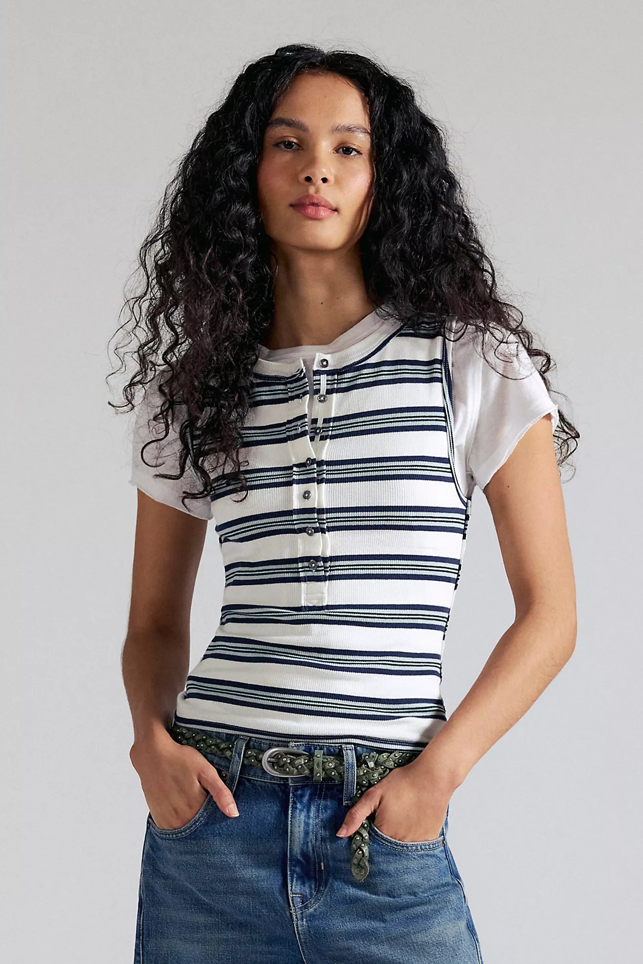 Free People - Jamie Striped Ribbed Henley Tank Top - WHITE COMBO