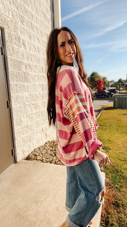 Free People - Aster Stripe Tee - Pink Combo