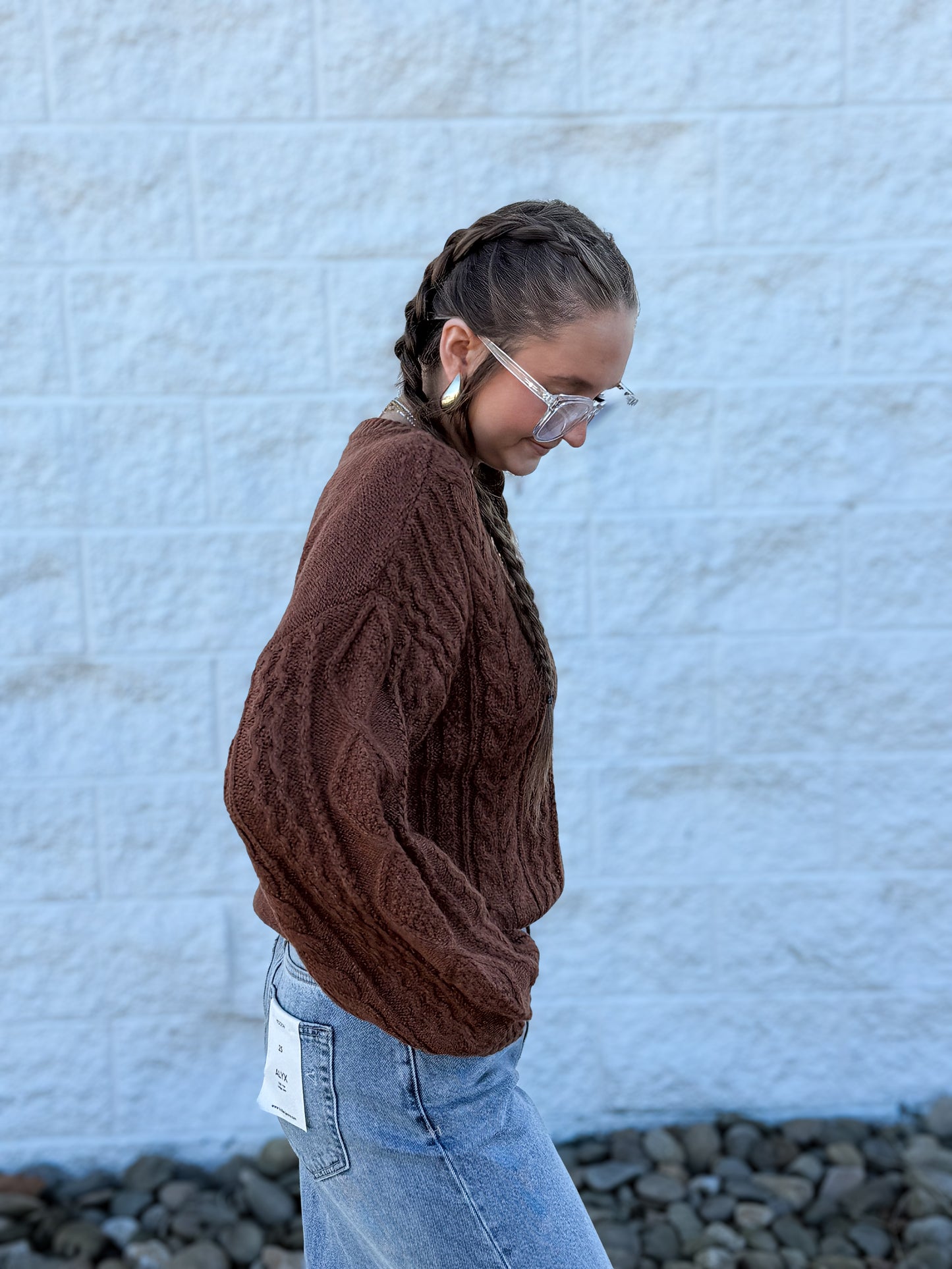 Cable Knit Balloon Sleeve Sweater - CHESTNUT