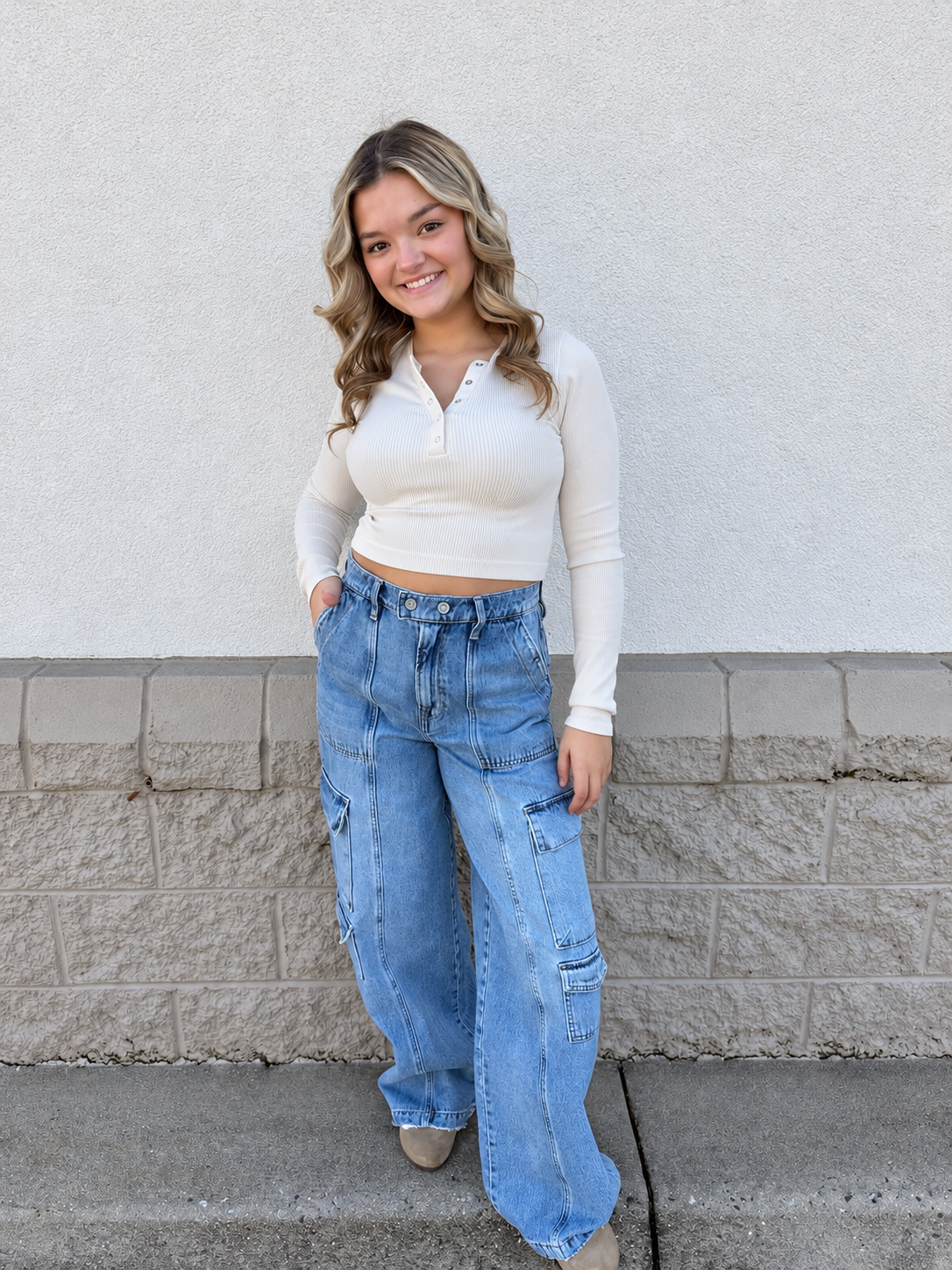 All Day Cropped Ribbed Long Sleeve Henley - Cream
