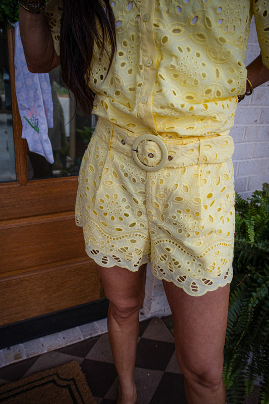 Lemon Crush Eyelet Belted Shorts