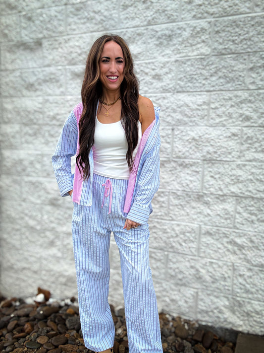 Seersucker Mixed Coastal Chic Pant Set