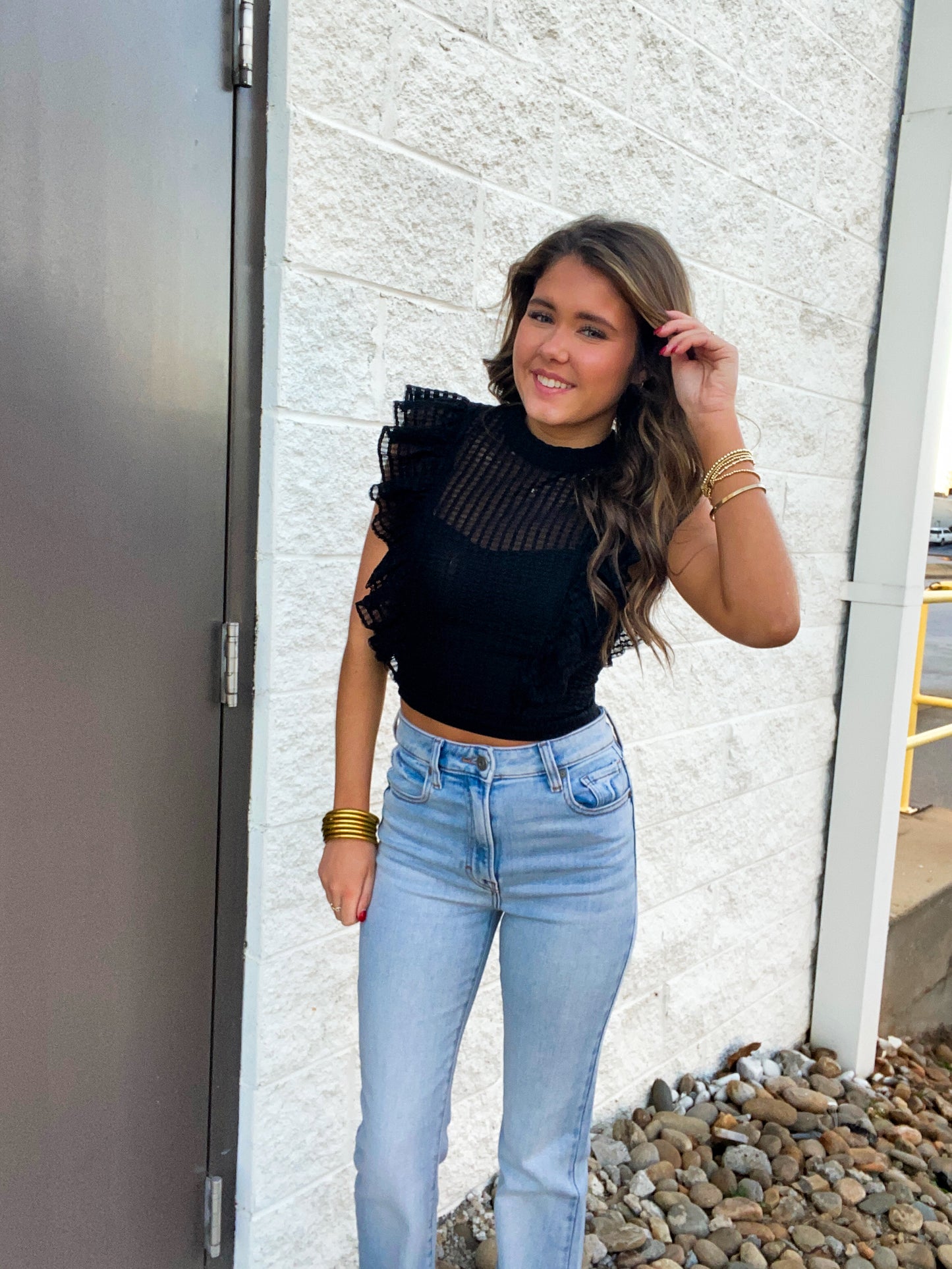 Alex Cropped Ruffle Mesh Top - BLACK