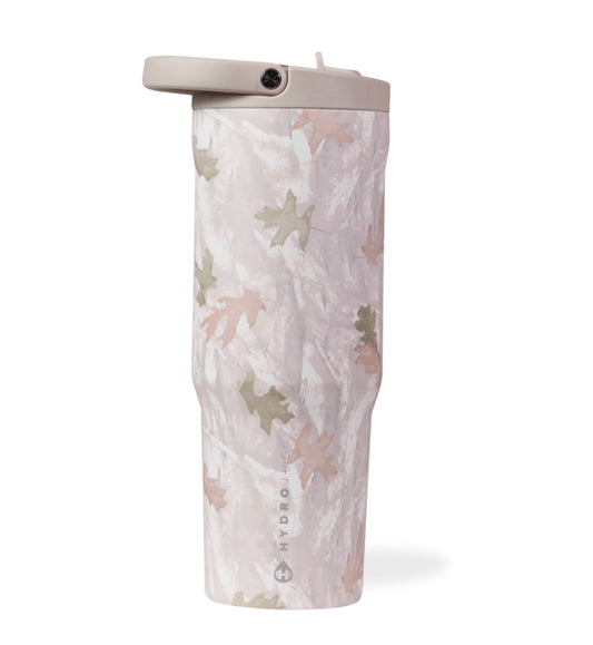 HydroJug camo insulated tumbler with straw lid, pink and neutral leaf pattern reusable water bottle, aesthetic 40 oz drinkware