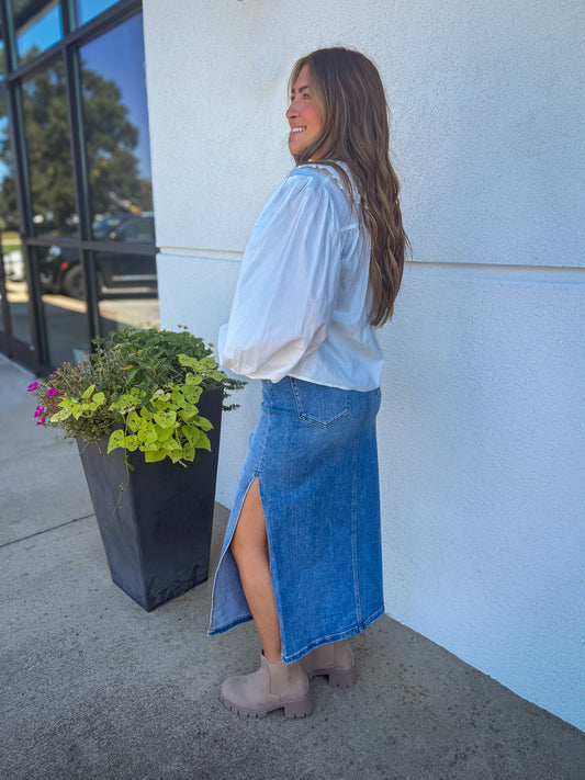 HIdden - Peyton Midi Skirt with Side Slit - Medium Wash