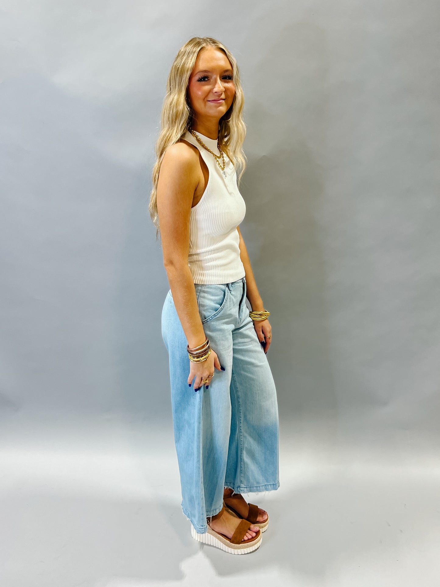 Carefree Ribbed Mock Neck Halter Tank - OFF WHITE