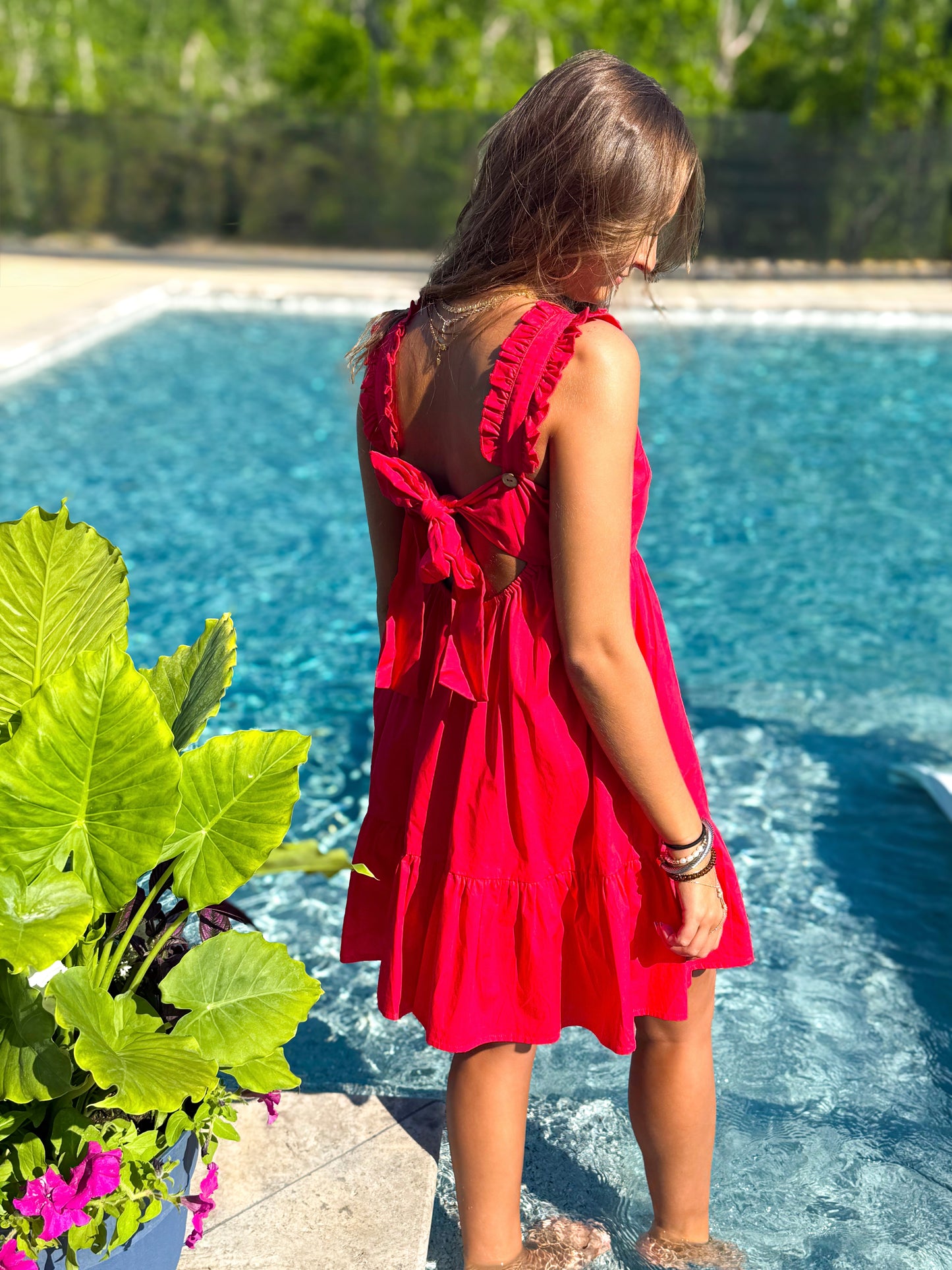 Cherry Palm Ruffle Mini Dress - RED