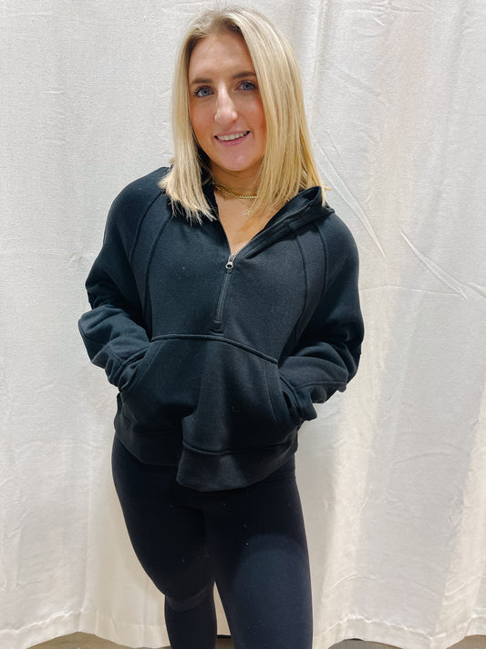 Essential Half-Zip Hoodie - BLACK