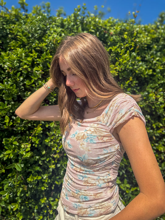 Blush Florals Mesh Cinched Top