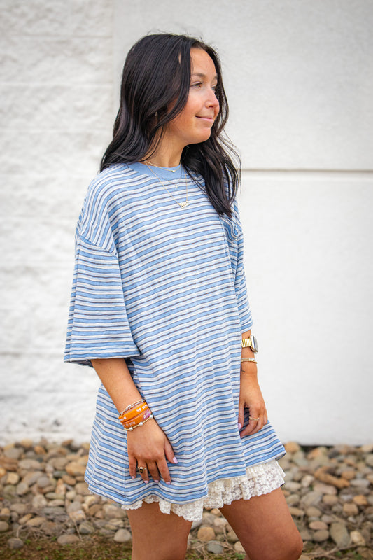Free People - All Love Stripe Pocket Tee - BLISSFUL BLUE COMBO