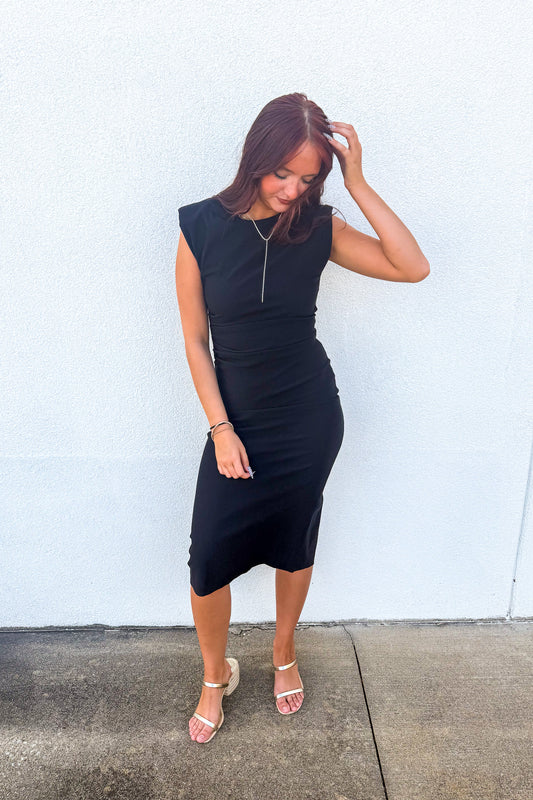 Power Move Ruched Shoulder Pad Midi Dress