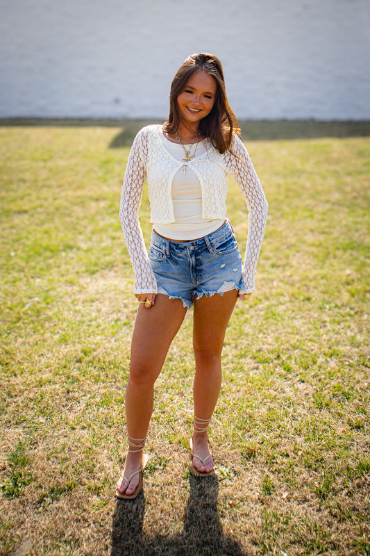 Ivory Floral Lace Cropped Cardigan