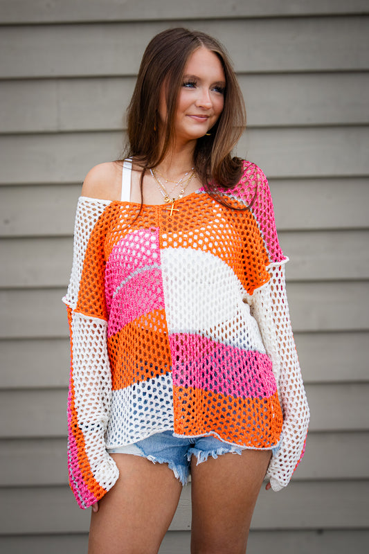 Paradise Pink & Orange Color Block Crochet Top