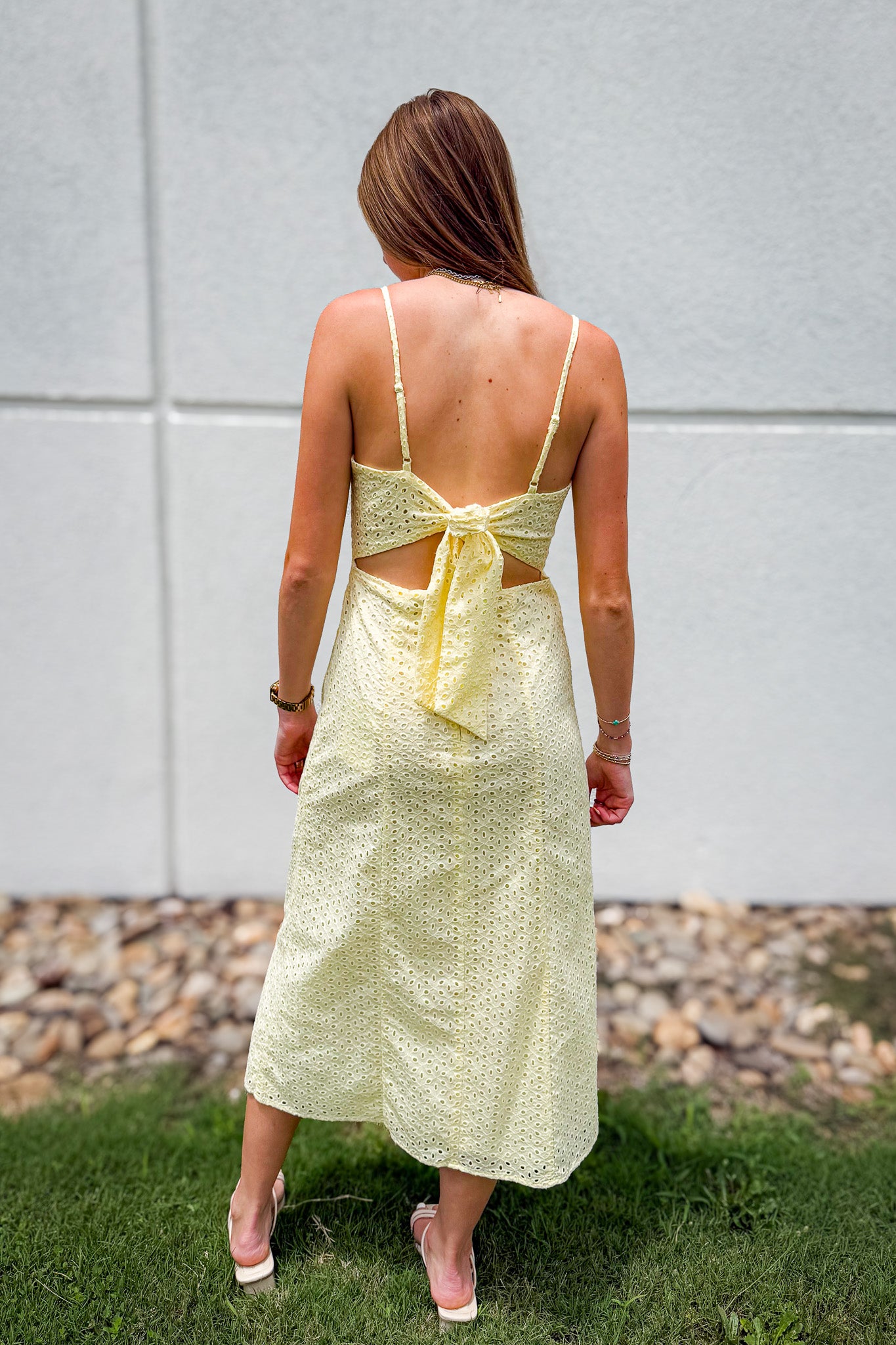 Butter Yellow Eyelet Bow Back Midi Dress