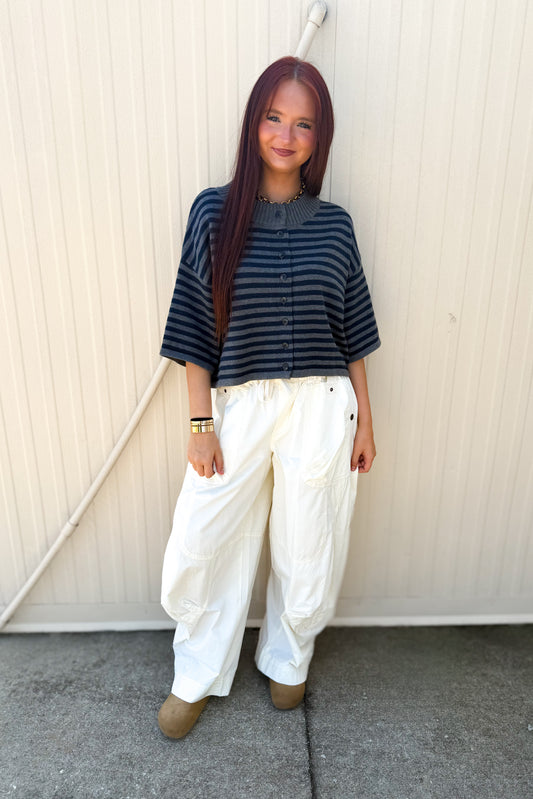 Sideline Striped Cardigan - Grey & Navy Short Sleeve Knit