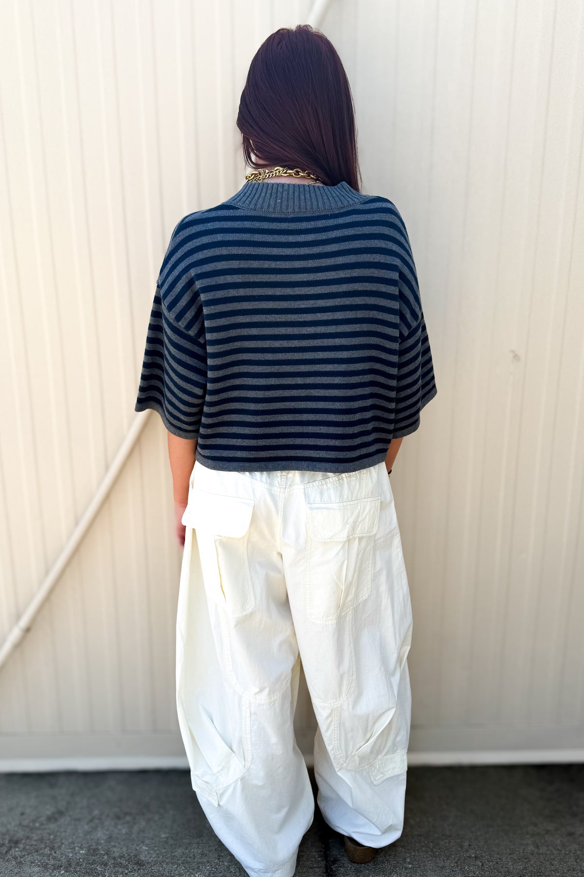 Sideline Striped Cardigan - Grey & Navy Short Sleeve Knit