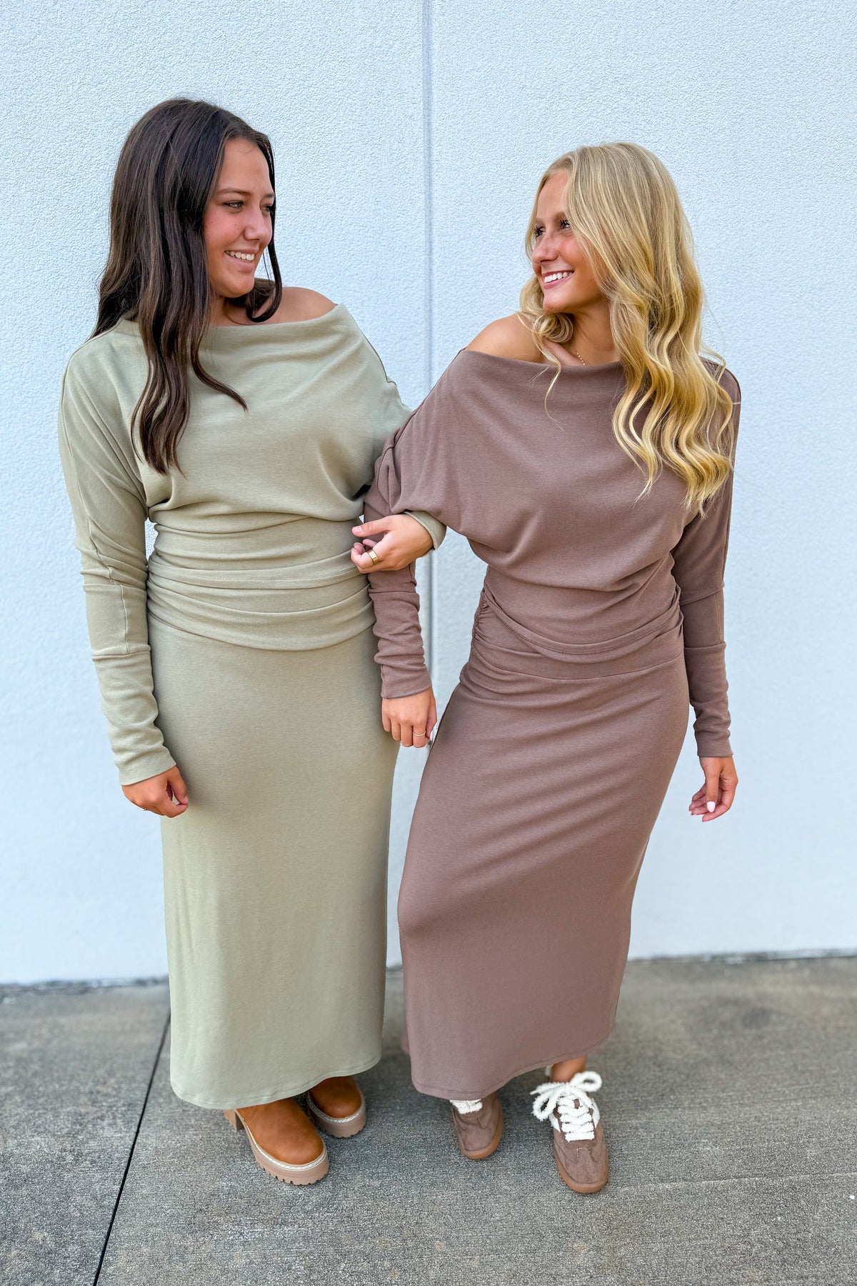 Fall For It Boat Neck Ruched Knit Maxi Set - BROWN