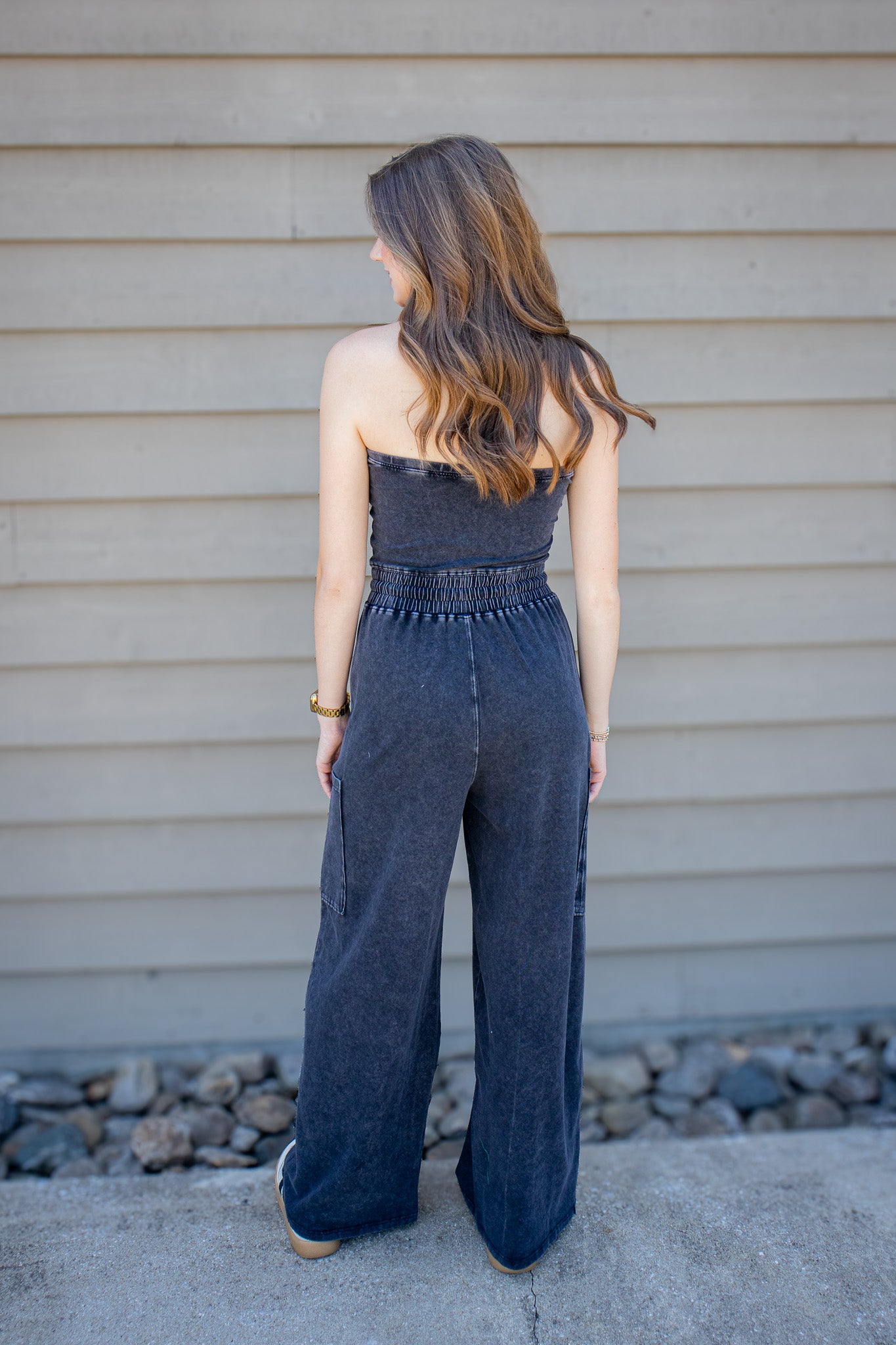 Black Mineral Wash Strapless Wide-Leg Jumpsuit