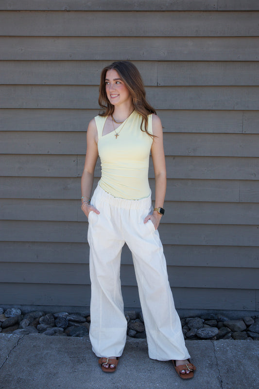 Feels Like Summer Asymmetric Ruched Top-Yellow