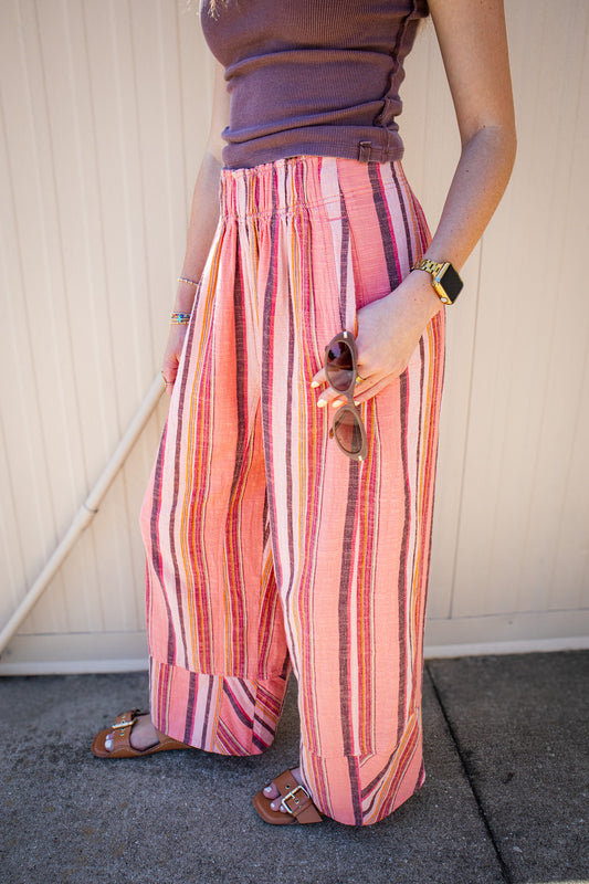 Free People - Day's End Linen Striped Pull-On Pants - SOFT CORAL COMBO