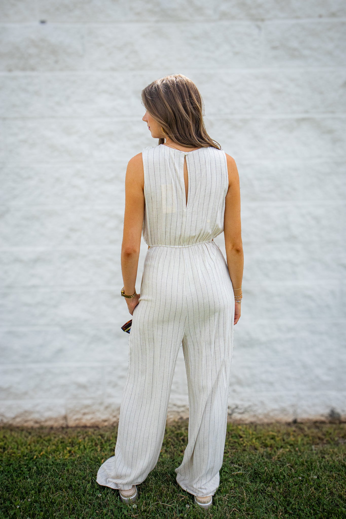 Coastal Muse Pinstripe Linen Blend Side Cut Out Jumpsuit