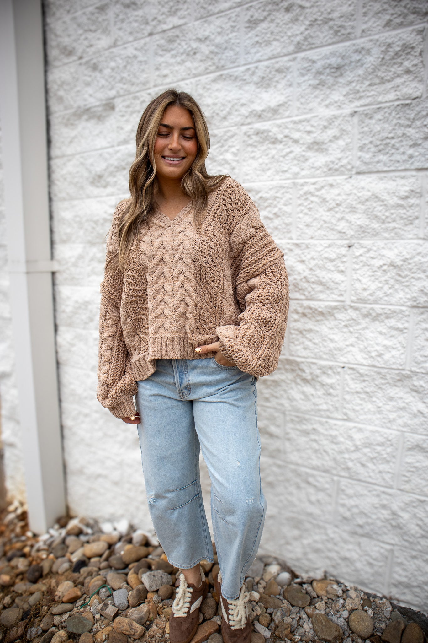 Cable Knit V Neck Sweater - TAN