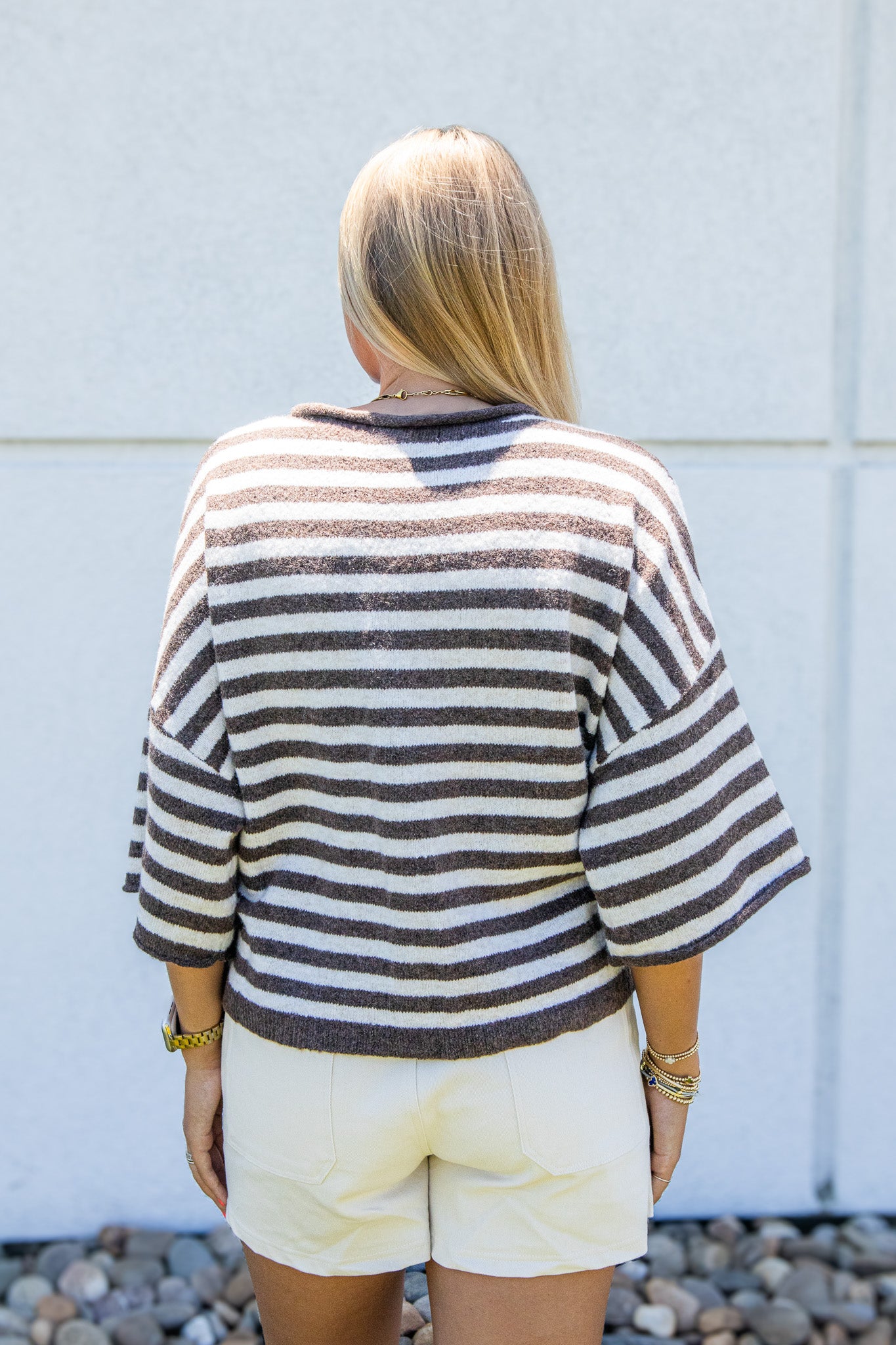 Espresso Stripe Short Sleeve Cardigan Sweater