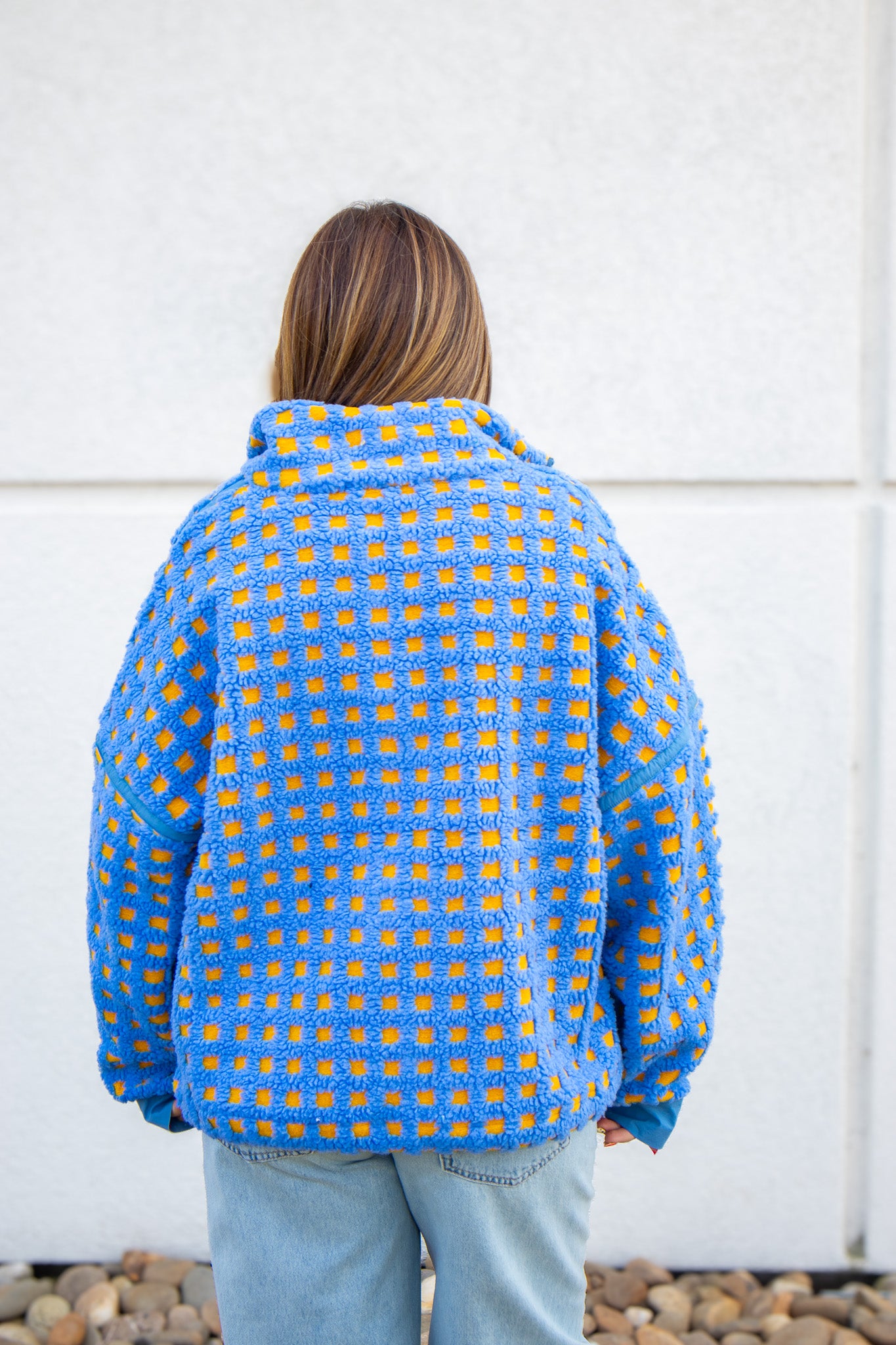 Fuzzy Checkered Sherpa Jacket - BLUE/YELLOW