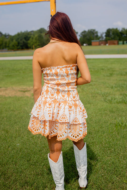 Rocky Top Romance Orange & White Embroidered Eyelet Mini Dress