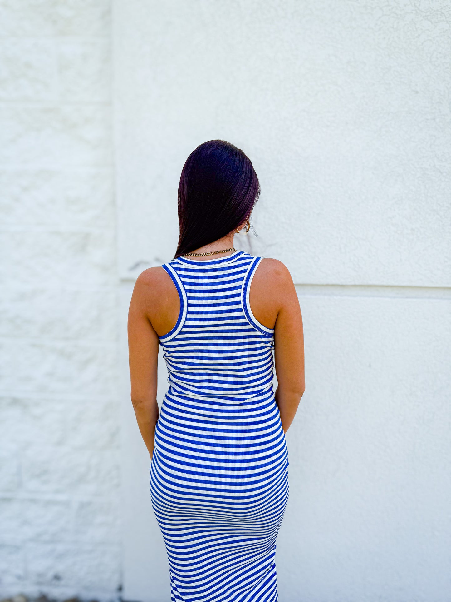 Coastal Escape Blue & White Striped High Neck Maxi Dress