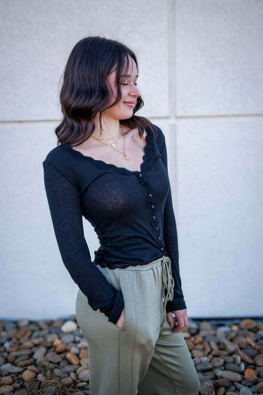 Free People - Big Love Rib Cardi - BLACK