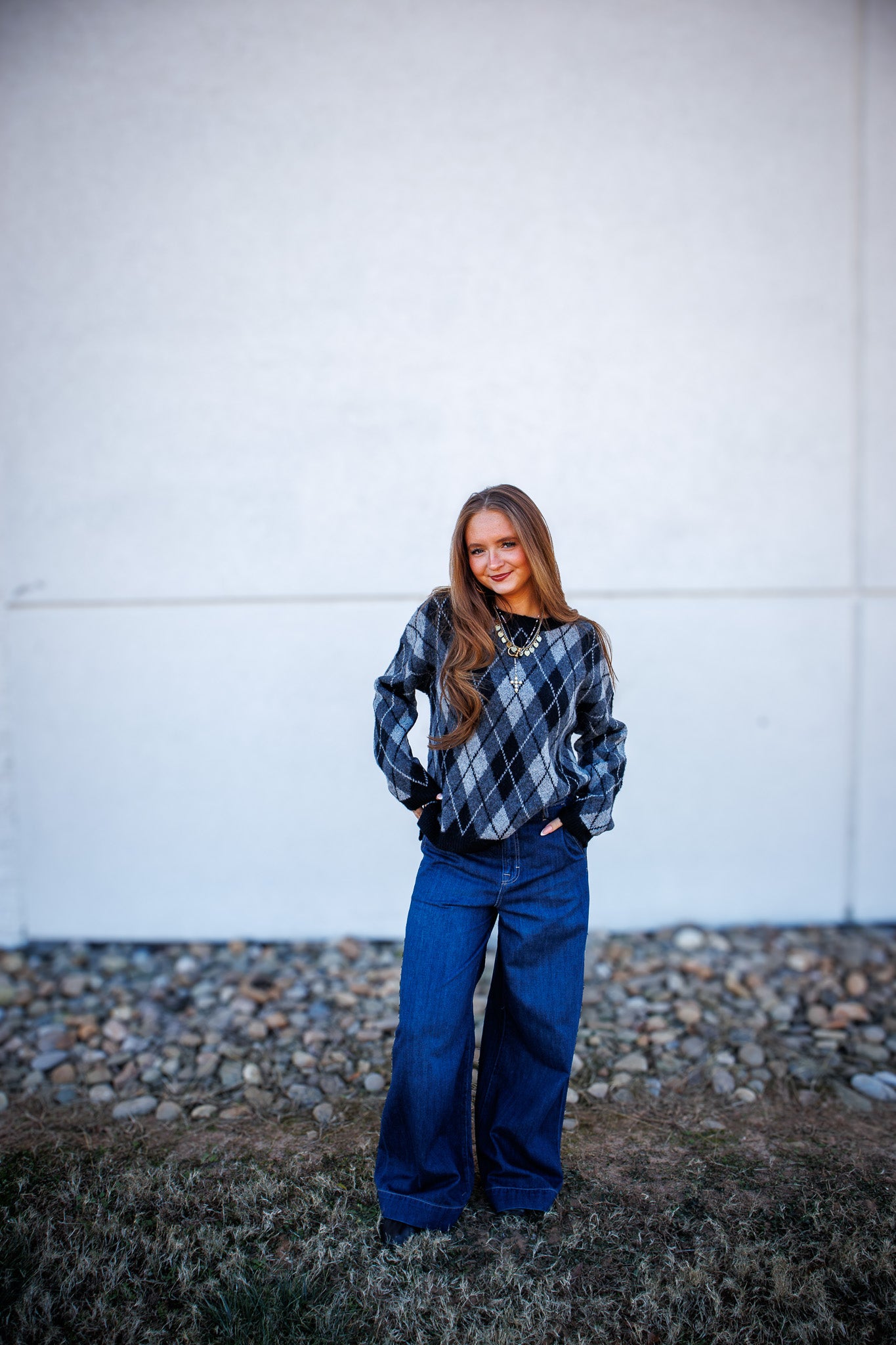 Argyle Crewneck Sweater - BLACK/GRAY