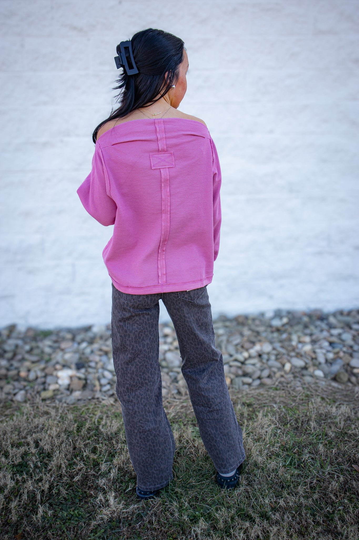 Rose Boat Neck Long Sleeve Top - PINK