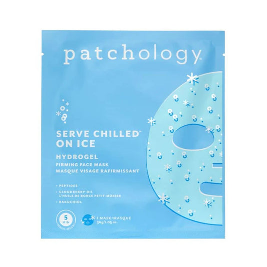 Patchology Serve Chilled On Ice hydrogel firming face mask with peptides, cloudberry oil, and bakuchiol for refreshing, cooling skincare.