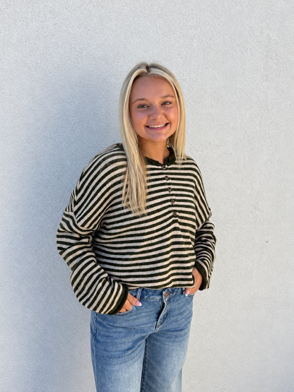 Weekend Stripe Henley Sweater –Olive Green/Cream