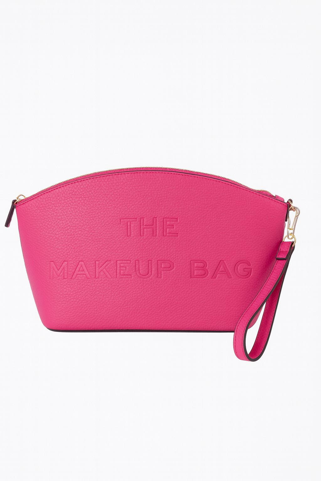 Hot Pink makeup bag featuring “THE MAKEUP BAG” embossed on the front
