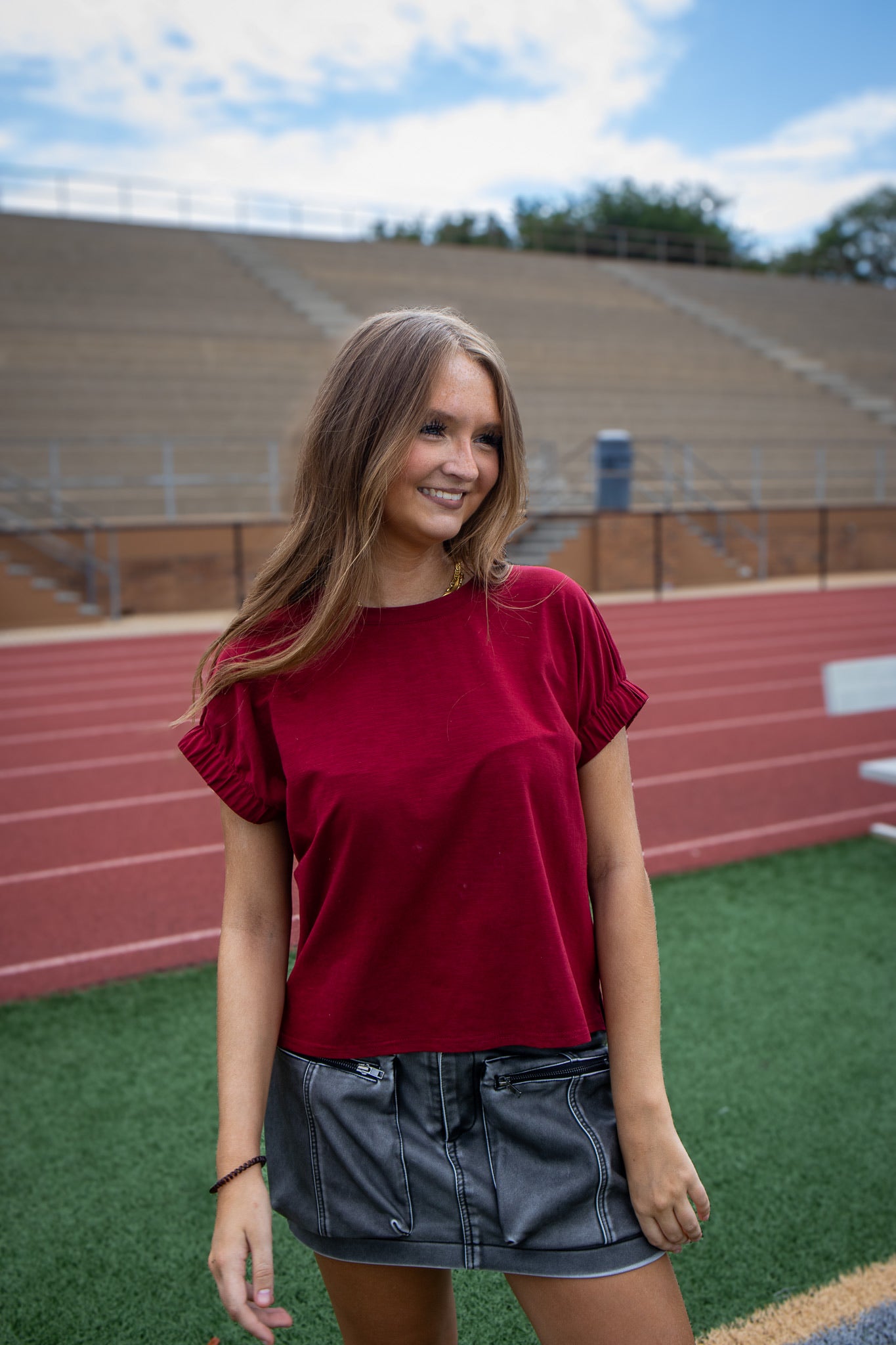 Boxy Scrunch Sleeve Top - GARNET