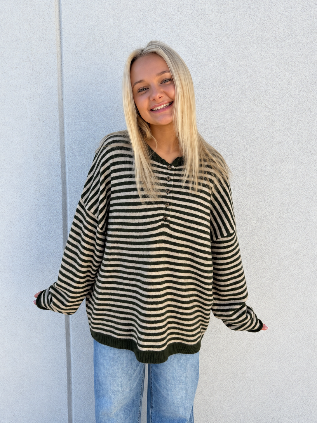 Weekend Stripe Henley Sweater –Olive Green/Cream