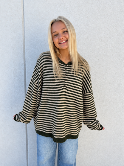 Weekend Stripe Henley Sweater –Olive Green/Cream