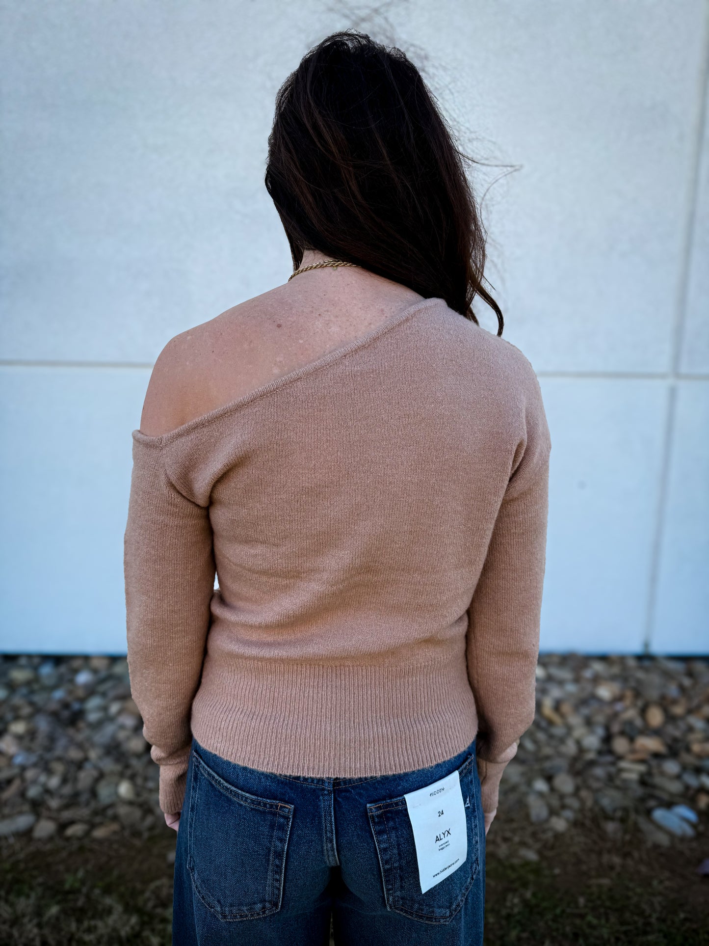 Flirty Asymmetric Off Shoulder Sweater - TAUPE
